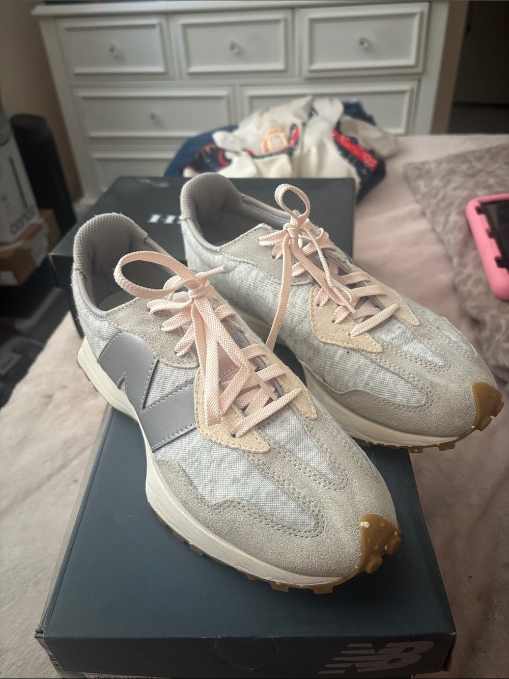 New Balance Beige and Pink Lace Retro-Style Women's Sneakers